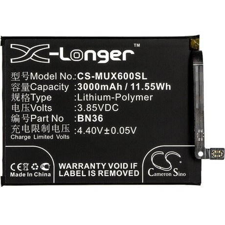 3.85V, Li-Polymer, 3000mAh, SmartPhone battery fits Xiaomi, Bn36, M1804d2sc, M1804d2se, 11.55Wh Mobile, SmartPhone Cameron Sino Technology Limited (Smartphone)