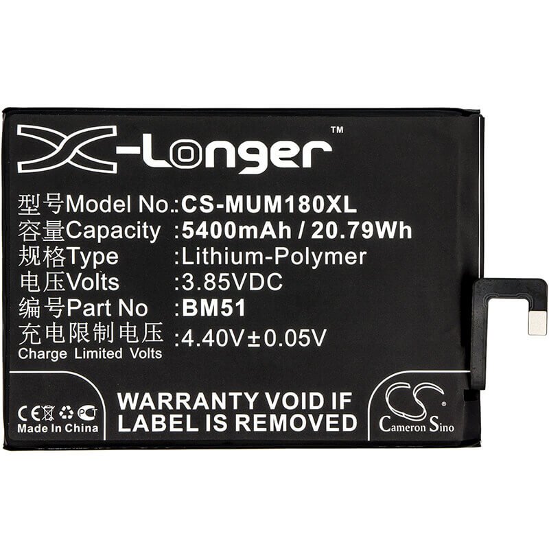 3.85V, Li-Polymer, 5400mAh, SmartPhone battery fits Xiaomi, Bm51, M1804e4a, M1804e4c, 20.79Wh Mobile, SmartPhone Cameron Sino Technology Limited (Smartphone)
