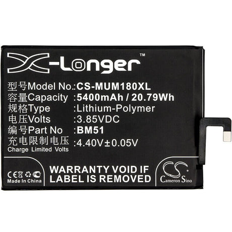 3.85V, Li-Polymer, 5400mAh, SmartPhone battery fits Xiaomi, Bm51, M1804e4a, M1804e4c, 20.79Wh Mobile, SmartPhone Cameron Sino Technology Limited (Smartphone)