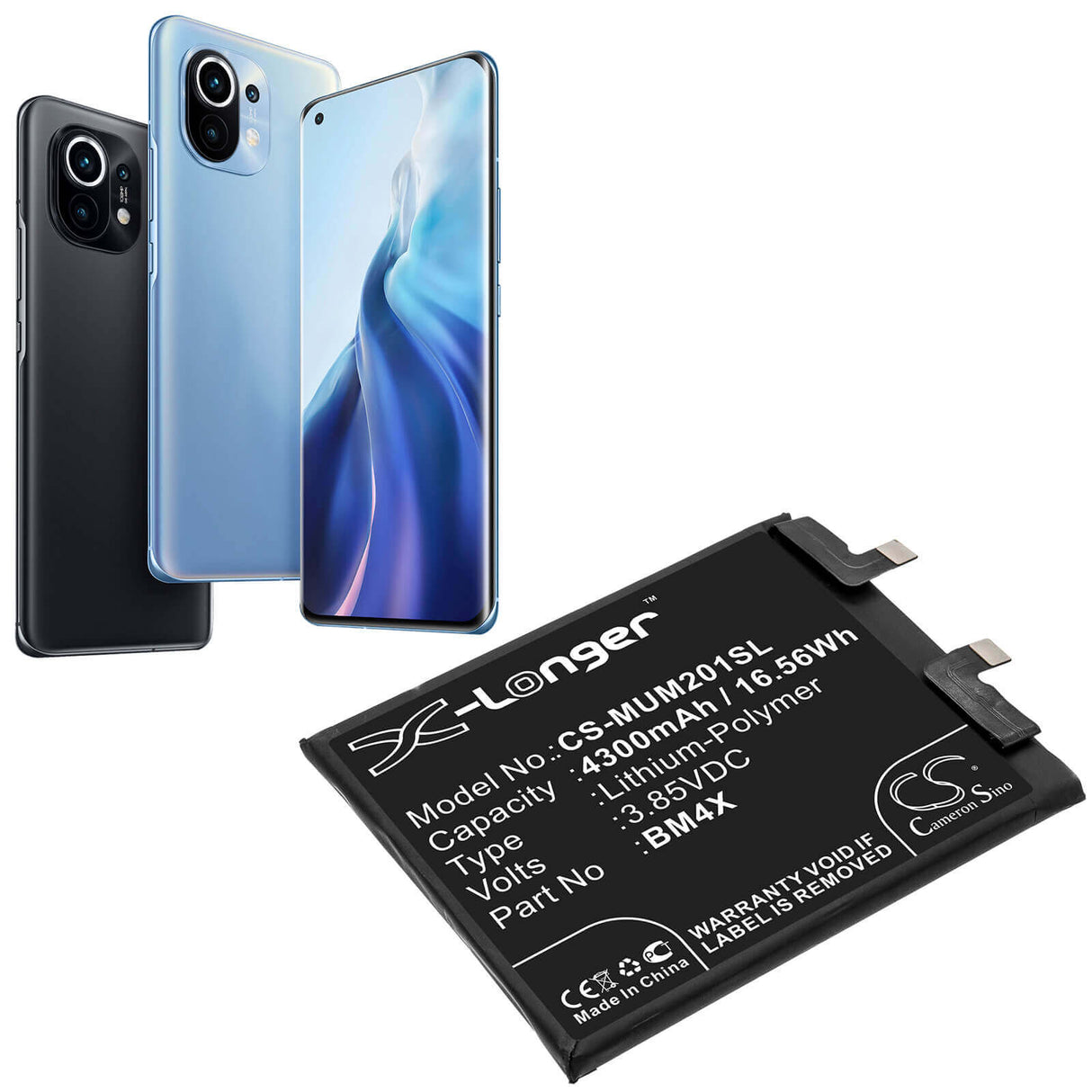 3.85V, Li-Polymer, 4300mAh, SmartPhone battery fits Xiaomi, Bm4x, M2011k2c, M2011k2g, 16.56Wh Mobile, SmartPhone Cameron Sino Technology Limited (Smartphone)