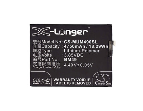 3.85V, Li-Polymer, 4750mAh, SmartPhone battery fits Xiaomi, (V1),Bm49, 2016001, 2016002, 18.29Wh Mobile, SmartPhone Cameron Sino Technology Limited (Smartphone)