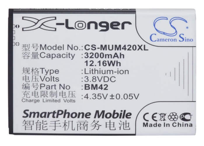 3.8V, Li-ion, 3200mAh, SmartPhone battery fits Xiaomi, Bm42, Note, 12.16Wh Mobile, SmartPhone Cameron Sino Technology Limited (Smartphone)