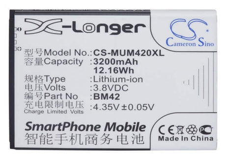3.8V, Li-ion, 3200mAh, SmartPhone battery fits Xiaomi, Bm42, Note, 12.16Wh Mobile, SmartPhone Cameron Sino Technology Limited (Smartphone)