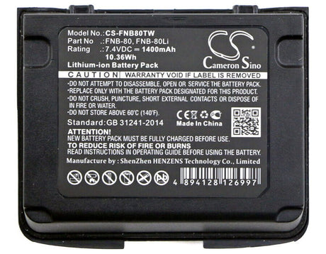 7.4V, Li-ion, 1400mAh, Two-Way Radio battery fits Vertex, Horizon, Yaesu, Fnb-58, Hx460, Hx460s, 10.36Wh Two-Way Radio Cameron Sino Technology Limited