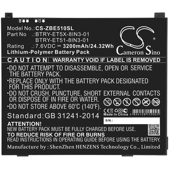 7.6V, Li-Polymer, 3200mAh, Tablet battery fits Zebra, Amme3735, Et51, Et51 8.4" Inch, 24.32Wh Tablet Cameron Sino Technology Limited