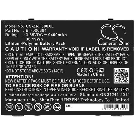 3.85V, Li-Polymer, 9400mAh, Tablet battery fits Zebra, Bt-000394, Et51, Et56, 36.19Wh Tablet Cameron Sino Technology Limited
