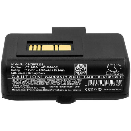 7.4V, Li-ion, 2600mAh, Portable Printer battery fits Zebra, Ak18026-002, Rw220, Rw320, 19.24Wh Portable Printer Cameron Sino Technology Limited