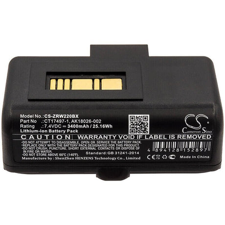7.4V, Li-ion, 3400mAh, Portable Printer battery fits Zebra, Ak18026-002, Rw220, Rw320, 25.16Wh Portable Printer Cameron Sino Technology Limited