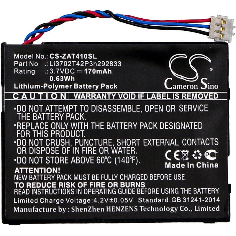 3.7V, Li-Polymer, 170mAh, Hotspot battery fits Zte, Li3702t42p3h292833, 2ahr8-at41, At41, 0.63Wh Hotspot Cameron Sino Technology Limited