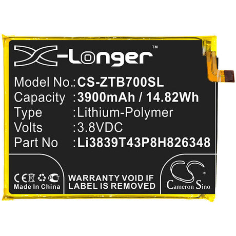3.8V, Li-Polymer, 3900mAh, SmartPhone battery fits Zte, Li3839t43p8h826348, A7010, Blade A7 2020, 14.82Wh Mobile, SmartPhone Cameron Sino Technology Limited (Smartphone)