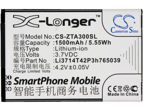 3.7V, Li-ion, 1500mAh, SmartPhone battery fits Zte, Li3714t42p3h765039, Af3, Af5, 5.55Wh Mobile, SmartPhone Cameron Sino Technology Limited (Smartphone)