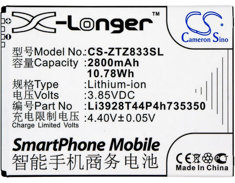 3.85V, Li-ion, 2800mAh, SmartPhone battery fits Zte, Li3928t44p4h735350, Avid Trio, Q802t, 10.78Wh Mobile, SmartPhone Cameron Sino Technology Limited (Smartphone)