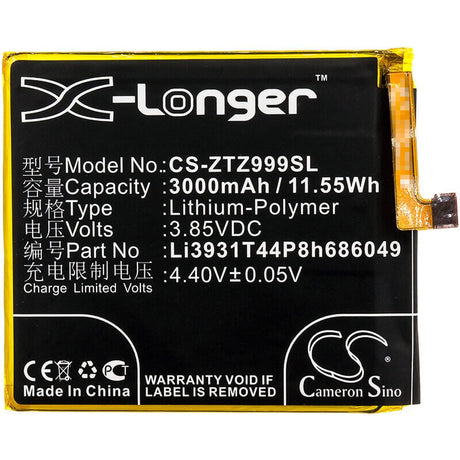 3.85V, Li-Polymer, 3000mAh, SmartPhone battery fits Zte, Li3931t44p8h686049, Axon M, Axon M Lte-a, 11.55Wh Mobile, SmartPhone Cameron Sino Technology Limited (Smartphone)