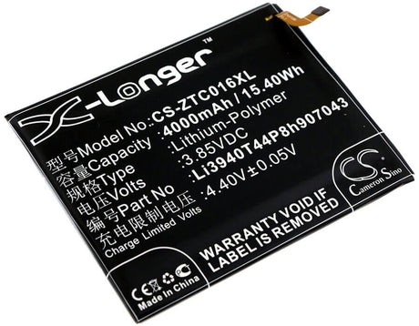 3.85V, Li-Polymer, 4000mAh, SmartPhone battery fits Zte, Li3940t44p8h907043, Axon 7 Max, Axon 7 Max C2017, 15.4Wh Mobile, SmartPhone Cameron Sino Technology Limited (Smartphone)