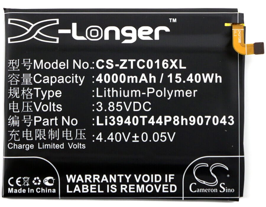 3.85V, Li-Polymer, 4000mAh, SmartPhone battery fits Zte, Li3940t44p8h907043, Axon 7 Max, Axon 7 Max C2017, 15.4Wh Mobile, SmartPhone Cameron Sino Technology Limited (Smartphone)