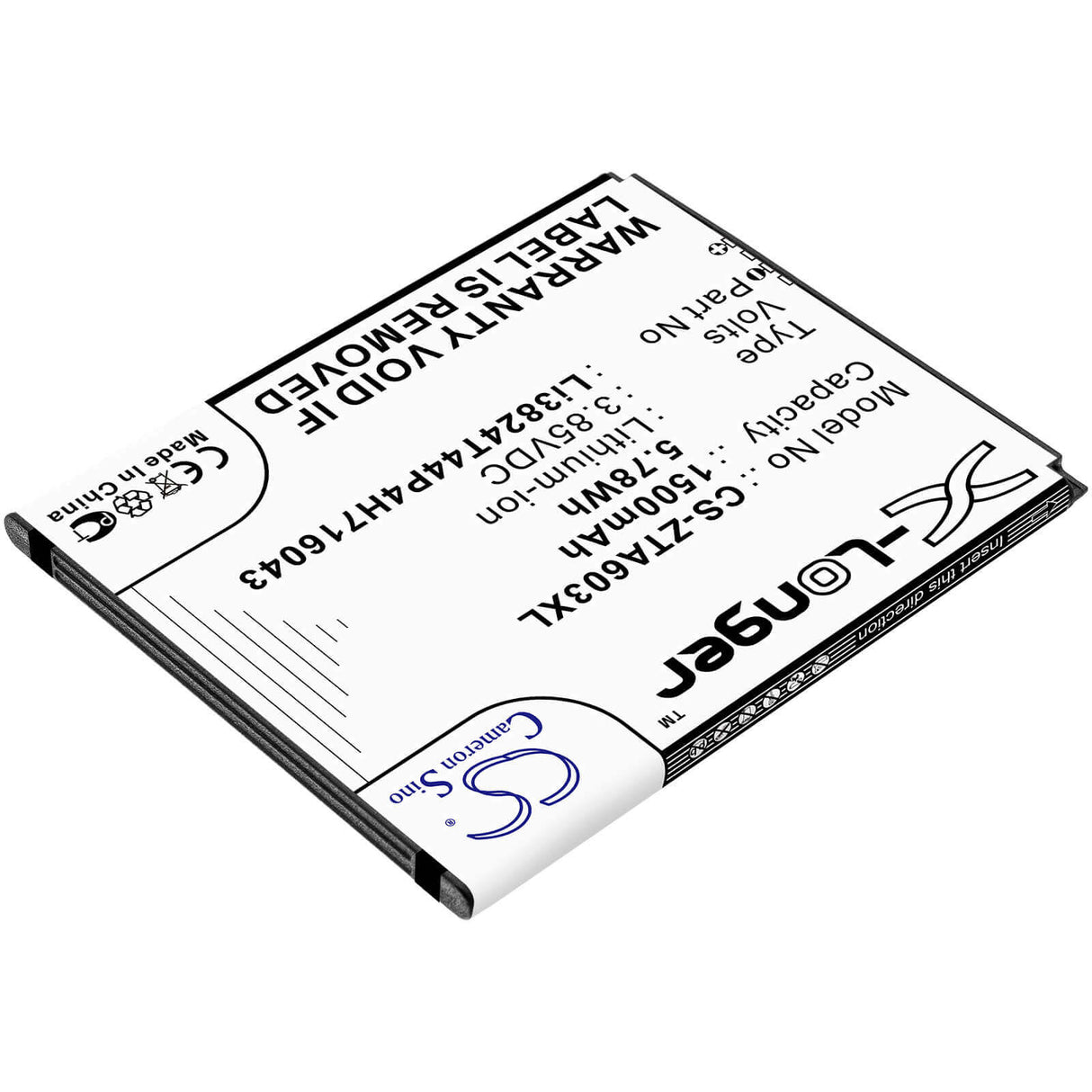 3.85V, Li-ion, 1500mAh, SmartPhone battery fits Zte, Li3824t44p4h716043, 602zt, A521, 5.78Wh Mobile, SmartPhone Cameron Sino Technology Limited (Smartphone)