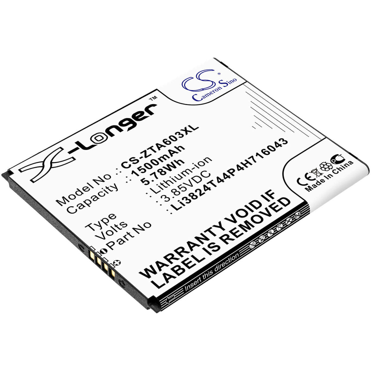 3.85V, Li-ion, 1500mAh, SmartPhone battery fits Zte, Li3824t44p4h716043, 602zt, A521, 5.78Wh Mobile, SmartPhone Cameron Sino Technology Limited (Smartphone)