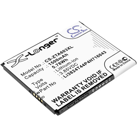3.85V, Li-ion, 1500mAh, SmartPhone battery fits Zte, Li3824t44p4h716043, 602zt, A521, 5.78Wh Mobile, SmartPhone Cameron Sino Technology Limited (Smartphone)