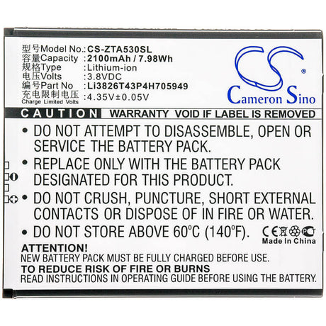 3.8V, Li-ion, 2100mAh, SmartPhone battery fits Zte, Li3826t43p4h705949, Ba530, Ba606, 7.98Wh Mobile, SmartPhone Cameron Sino Technology Limited (Smartphone)