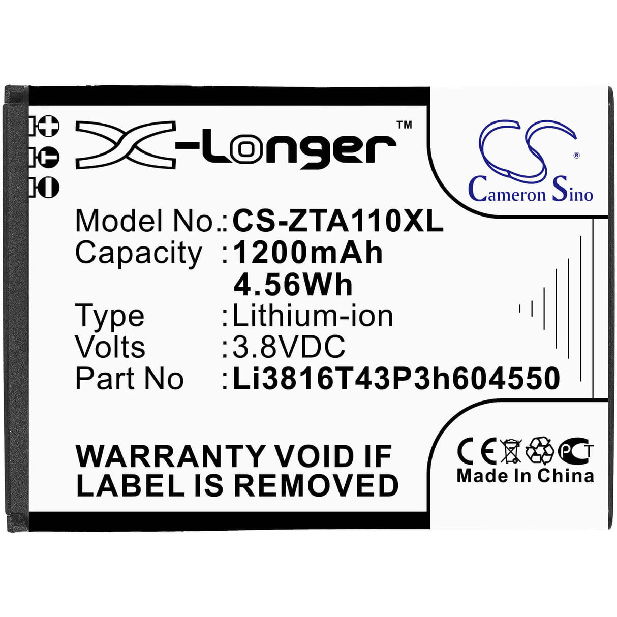 3.8V, Li-ion, 1200mAh, SmartPhone battery fits Zte, Li3715t42p3h604550, Blade A110, Blade A112, 4.56Wh Mobile, SmartPhone Cameron Sino Technology Limited (Smartphone)