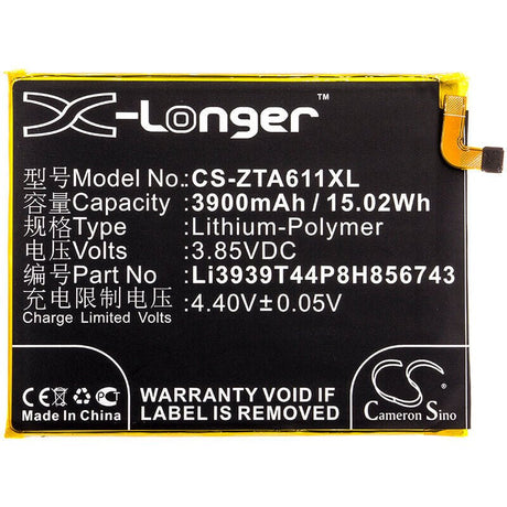 3.85V, Li-Polymer, 3900mAh, SmartPhone battery fits Zte, Li3939t44p8h856743, Blade A6 Max, Blade Max 2s, 15.02Wh Mobile, SmartPhone Cameron Sino Technology Limited (Smartphone)
