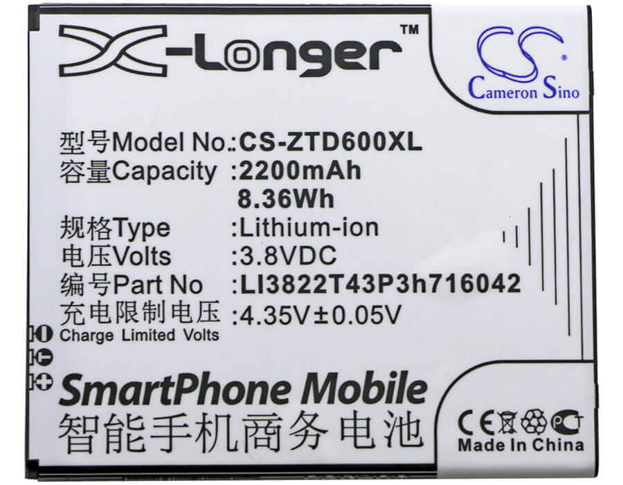 3.8V, Li-ion, 2200mAh, SmartPhone battery fits Zte, Li3822t43p3h716042, Blade D6, Blade D6 Dual Sim, 8.36Wh Mobile, SmartPhone Cameron Sino Technology Limited (Smartphone)