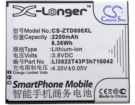 3.8V, Li-ion, 2200mAh, SmartPhone battery fits Zte, Li3822t43p3h716042, Blade D6, Blade D6 Dual Sim, 8.36Wh Mobile, SmartPhone Cameron Sino Technology Limited (Smartphone)