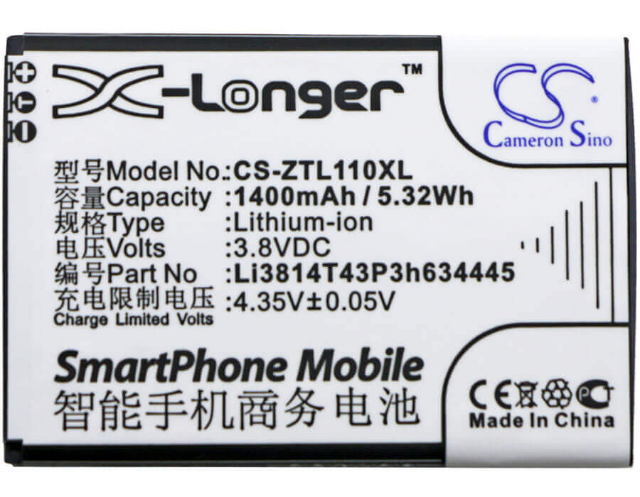 3.8V, Li-ion, 1400mAh, SmartPhone battery fits Zte, Li3814t43p3h634445, Blade L110, Blade L110 Dual Sim, 5.32Wh Mobile, SmartPhone Cameron Sino Technology Limited (Smartphone)