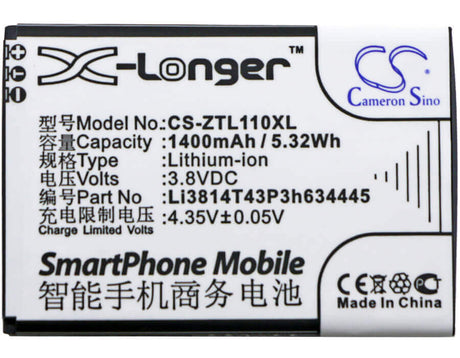 3.8V, Li-ion, 1400mAh, SmartPhone battery fits Zte, Li3814t43p3h634445, Blade L110, Blade L110 Dual Sim, 5.32Wh Mobile, SmartPhone Cameron Sino Technology Limited (Smartphone)