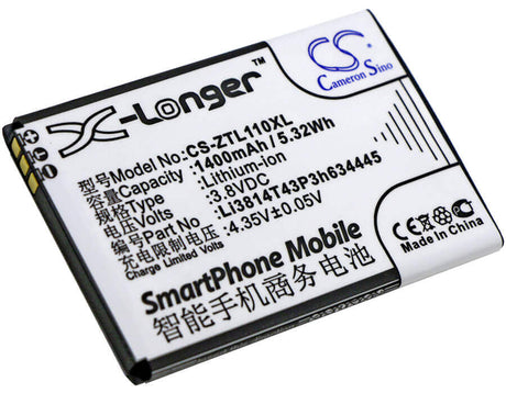 3.8V, Li-ion, 1400mAh, SmartPhone battery fits Zte, Li3814t43p3h634445, Blade L110, Blade L110 Dual Sim, 5.32Wh Mobile, SmartPhone Cameron Sino Technology Limited (Smartphone)