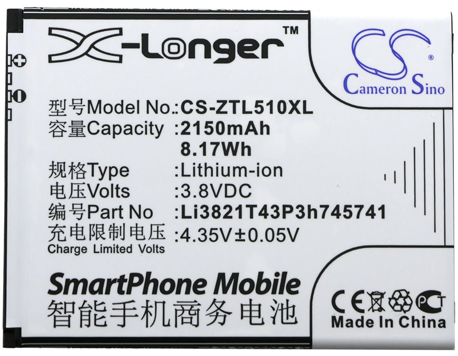 3.8V, Li-ion, 2150mAh, SmartPhone battery fits Nos, Zte, Li3821t43p3h745741, Novu Ii, 8.17Wh Mobile, SmartPhone Cameron Sino Technology Limited (Smartphone)