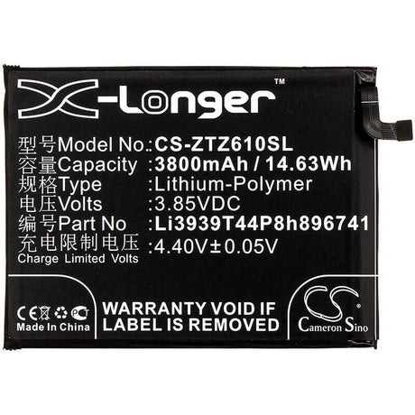 3.85V, Li-Polymer, 3800mAh, SmartPhone battery fits Zte, Li3939t44p8h896741, Blade Max View, Blade Max View Lte, 14.63Wh Mobile, SmartPhone Cameron Sino Technology Limited (Smartphone)