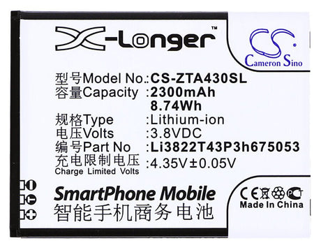 3.8V, Li-ion, 2300mAh, SmartPhone battery fits Beeline, Telstra, Zte, Li3822t43p3h675053, Pro, 8.74Wh Mobile, SmartPhone Cameron Sino Technology Limited (Smartphone)