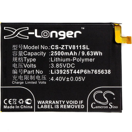 3.85V, Li-Polymer, 2500mAh, SmartPhone battery fits Zte, Li3925t44p6h765638, Blade V8 Lite, Blade V8 Lite Dual Sim, 9.63Wh Mobile, SmartPhone Cameron Sino Technology Limited (Smartphone)