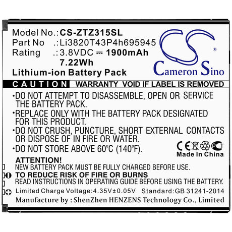 3.8V, Li-ion, 1900mAh, SmartPhone battery fits Zte, Li3820t43p4h695945, Blade A3 2019, Blade Vantage 2, 7.22Wh Mobile, SmartPhone Cameron Sino Technology Limited (Smartphone)