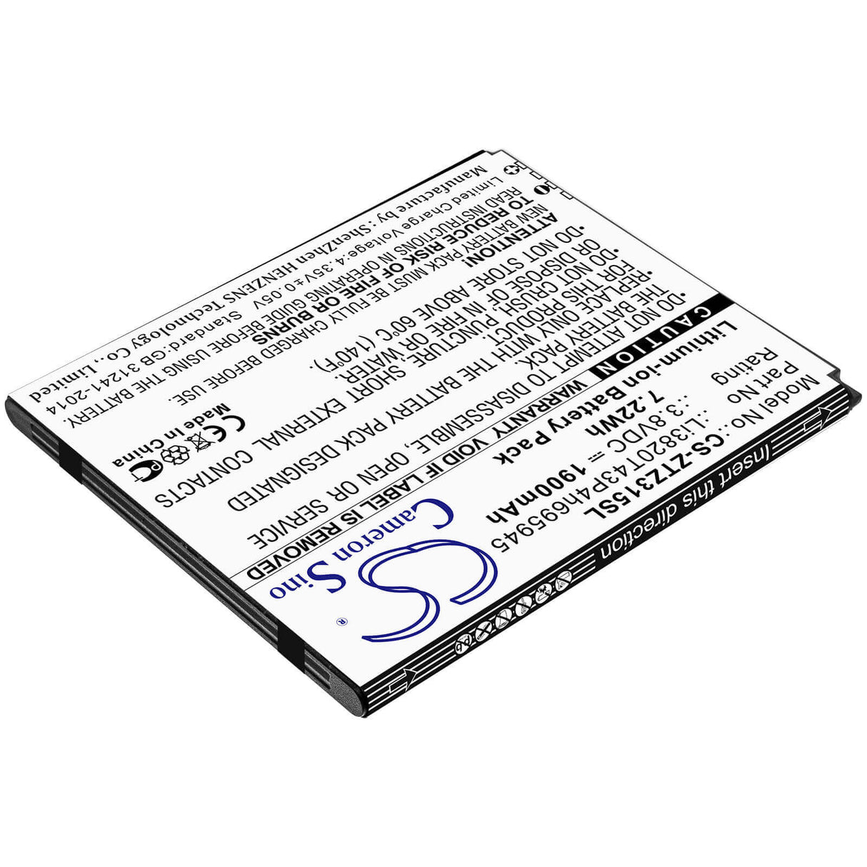 3.8V, Li-ion, 1900mAh, SmartPhone battery fits Zte, Li3820t43p4h695945, Blade A3 2019, Blade Vantage 2, 7.22Wh Mobile, SmartPhone Cameron Sino Technology Limited (Smartphone)
