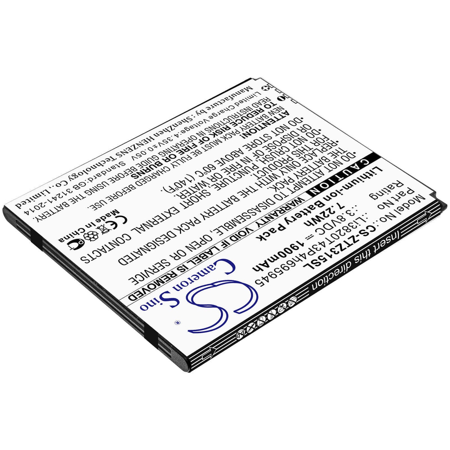 3.8V, Li-ion, 1900mAh, SmartPhone battery fits Zte, Li3820t43p4h695945, Blade A3 2019, Blade Vantage 2, 7.22Wh Mobile, SmartPhone Cameron Sino Technology Limited (Smartphone)