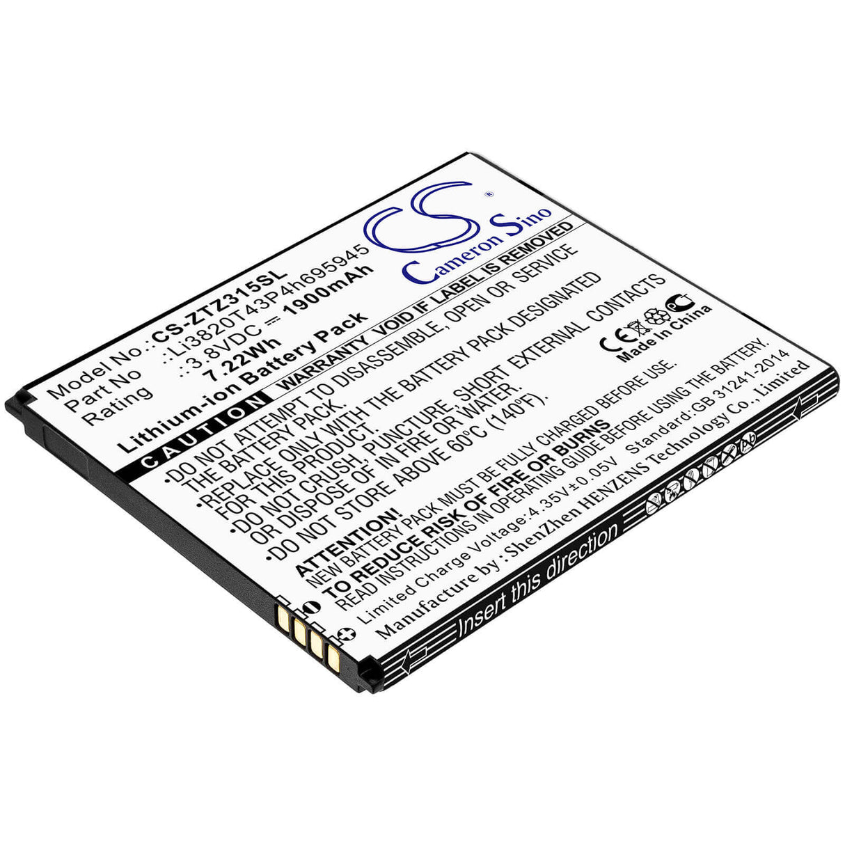 3.8V, Li-ion, 1900mAh, SmartPhone battery fits Zte, Li3820t43p4h695945, Blade A3 2019, Blade Vantage 2, 7.22Wh Mobile, SmartPhone Cameron Sino Technology Limited (Smartphone)