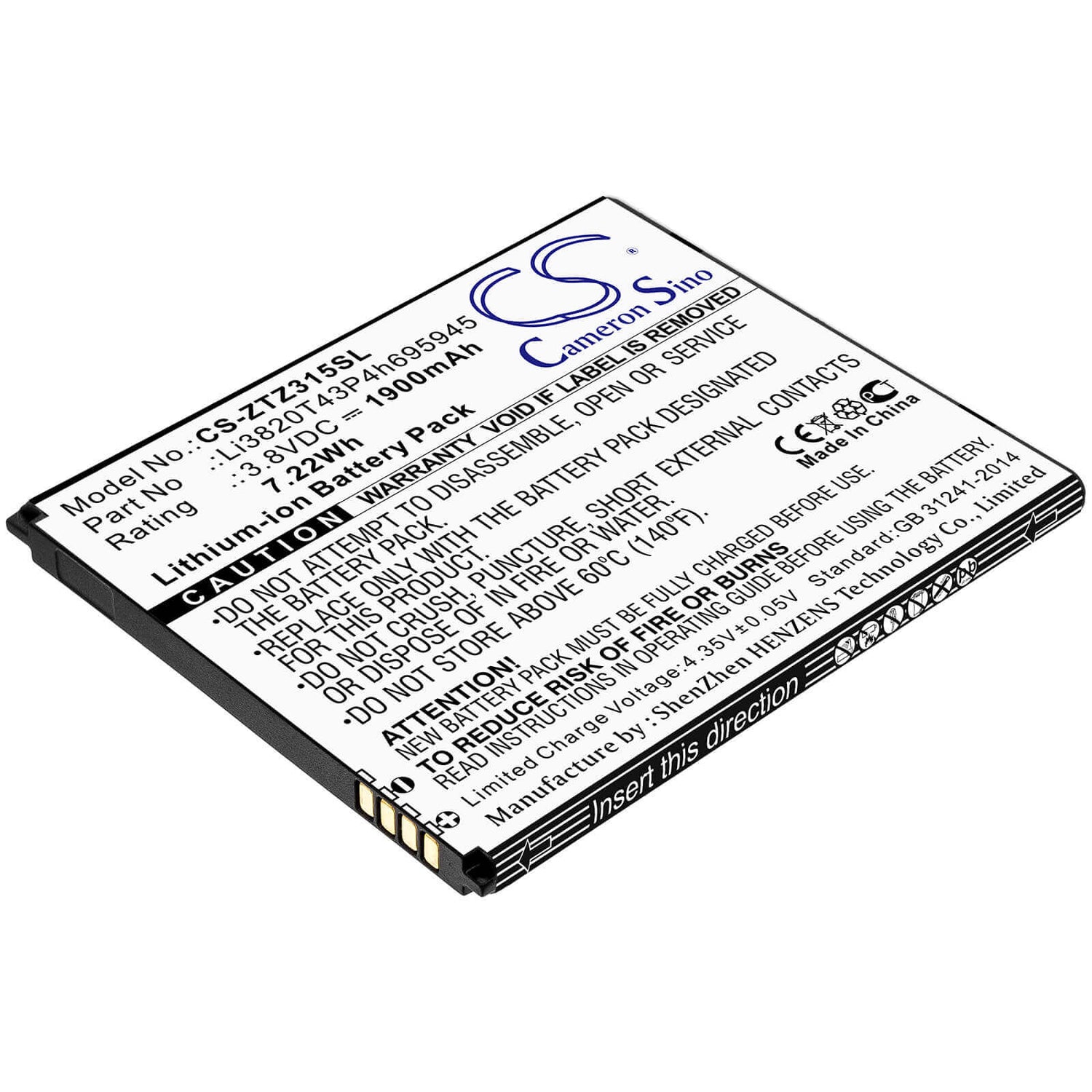 3.8V, Li-ion, 1900mAh, SmartPhone battery fits Zte, Li3820t43p4h695945, Blade A3 2019, Blade Vantage 2, 7.22Wh Mobile, SmartPhone Cameron Sino Technology Limited (Smartphone)