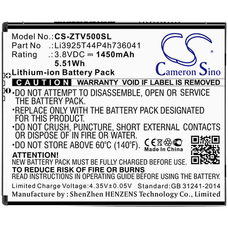 3.8V, Li-ion, 1450mAh, SmartPhone battery fits Zte, Li3925t44p4h736041, Blade Vantage, Blade Vantage 5, 5.51Wh Mobile, SmartPhone Cameron Sino Technology Limited (Smartphone)