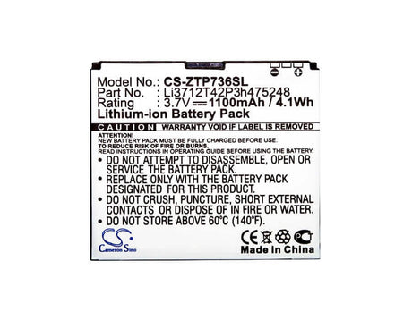 3.7V, Li-ion, 1100mAh, SmartPhone battery fits Zte, T-mobile, Orange, Li3712t42p3h475248, Blade Ii, Blade S, 4.07Wh Mobile, SmartPhone Cameron Sino Technology Limited (Smartphone)