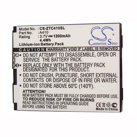 3.7V, Li-ion, 1200mAh, SmartPhone battery fits Cricket, Telstra, Zte, A410, A410, Calcomp A410, 4.44Wh Mobile, SmartPhone Cameron Sino Technology Limited (Smartphone)