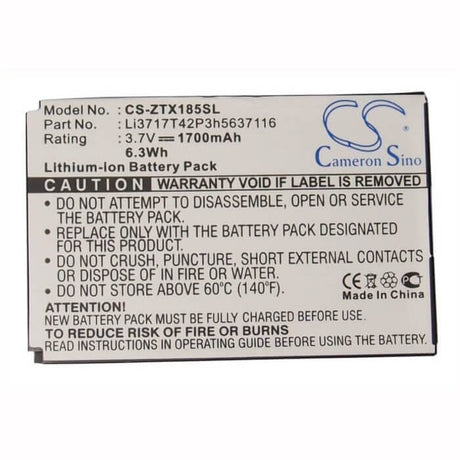 3.7V, Li-ion, 1700mAh, SmartPhone battery fits Telstra, Zte, Li3717t42p3h5637116, F158, F159, 6.29Wh Mobile, SmartPhone Cameron Sino Technology Limited (Smartphone)