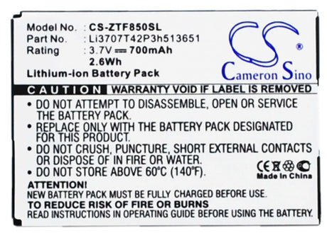 3.7V, Li-ion, 700mAh, SmartPhone battery fits Telstra, Zte, Li3707t42p3h513651, F252, F256, 2.59Wh Mobile, SmartPhone Cameron Sino Technology Limited (Smartphone)