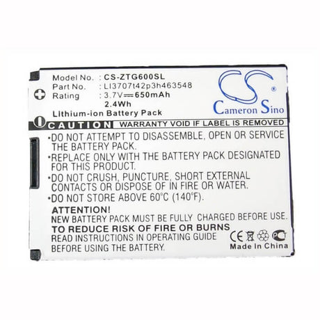 3.7V, Li-ion, 650mAh, SmartPhone battery fits Zte, Li3704t42p3h463548, G6, 2.41Wh Mobile, SmartPhone Cameron Sino Technology Limited (Smartphone)