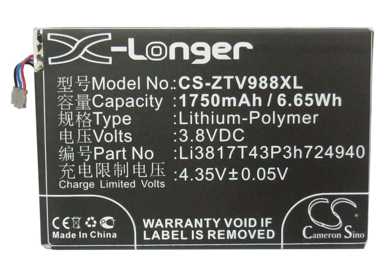 3.8V, Li-Polymer, 1750mAh, SmartPhone battery fits Net10, Zte, Li3817t43p3h724940, Ntzez753g3p5p, Paragon, 6.65Wh Mobile, SmartPhone Cameron Sino Technology Limited (Smartphone)