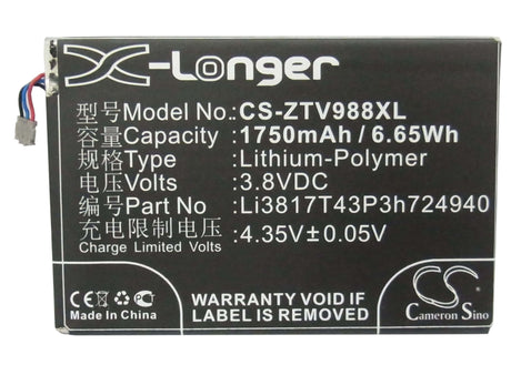 3.8V, Li-Polymer, 1750mAh, SmartPhone battery fits Net10, Zte, Li3817t43p3h724940, Ntzez753g3p5p, Paragon, 6.65Wh Mobile, SmartPhone Cameron Sino Technology Limited (Smartphone)