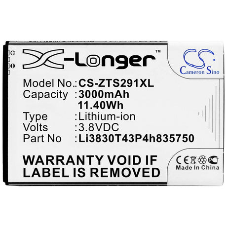 3.8V, Li-ion, 3000mAh, SmartPhone battery fits Zte, Li3830t43p4h835750, Avid 916, Avid 916 Lte, 11.4Wh Mobile, SmartPhone Cameron Sino Technology Limited (Smartphone)