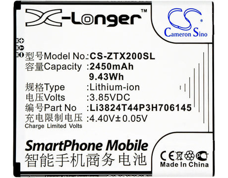 3.85V, Li-ion, 2450mAh, SmartPhone battery fits Zte, Li3824t44p3h706145, Grand X 2, Grand X2, 9.43Wh Mobile, SmartPhone Cameron Sino Technology Limited (Smartphone)