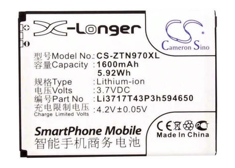 3.7V, Li-ion, 1600mAh, SmartPhone battery fits Srf, Amazing, Virgin Mobile, Net10, Zte, Li3716t42p3h594650, A2, 5.92Wh Mobile, SmartPhone Cameron Sino Technology Limited (Smartphone)